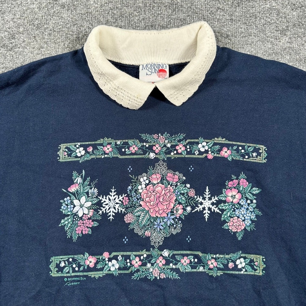 Morning Sun Sweatshirt Womens XL Navy Blue Floral Snowflake Knit Collar USA Made